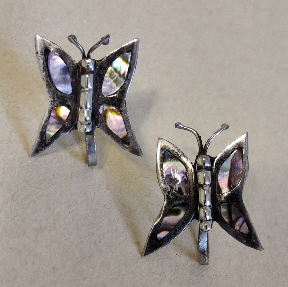 Vintage 70s Sterling Silver and Abalone Inlay Butterfly Earrings 🦋